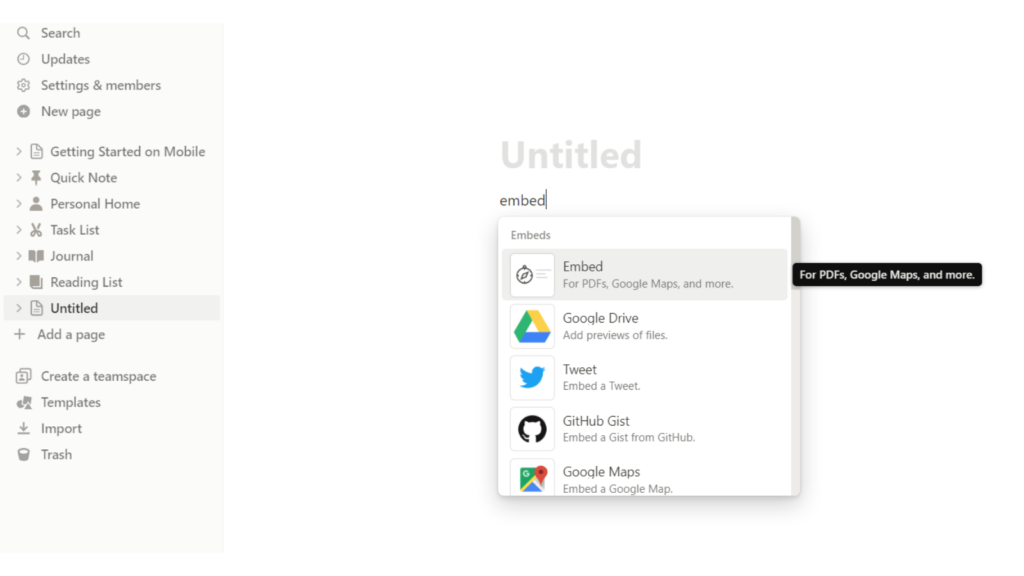 create an embed block in Notion